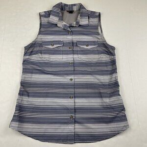 Eddie Bauer Travex Sleeveless Shirt Women's S Blue Striped Button Up Top Hiking